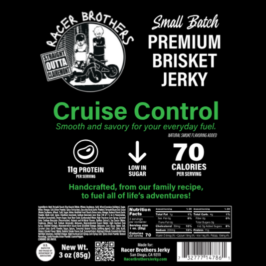 Label of Racer Brothers Premium Brisket Jerky with branding and product details.