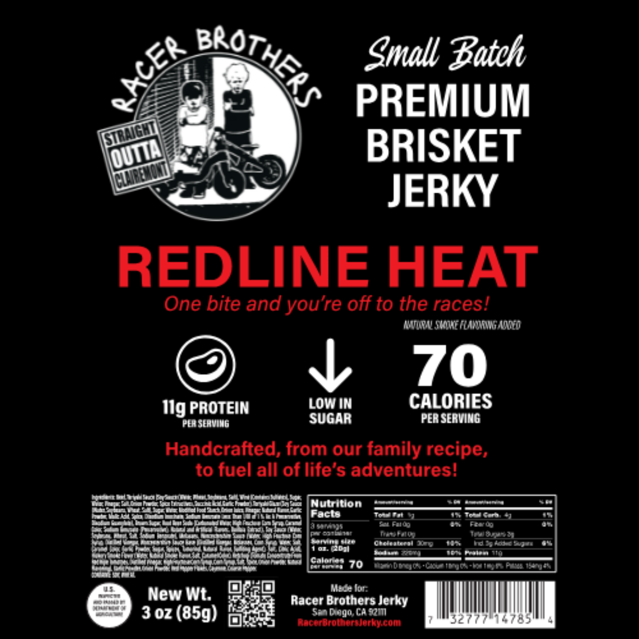 Label of Racer Brothers Premium Brisket Jerky in Redline Heat flavor on a black background.